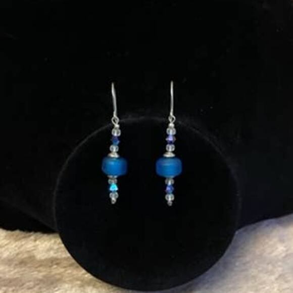 Vintage Silver, Blue Frosted Sea Glass, Iridescent Bicone Beaded Dangle Earrings - Picture 1 of 3